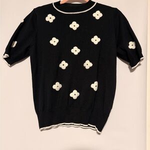 Women’s Blouse Size L – Black with White Flower Accents